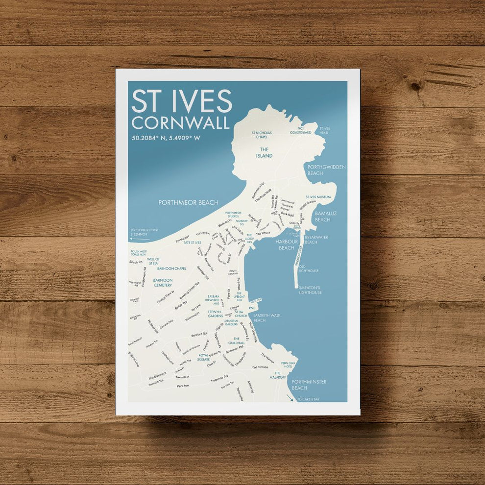 St Ives Cornwall Town Map - Art Print – St Ives By The Sea